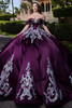 Vizcaya 4080009 plum silver satin quinceanera ball gown, front view