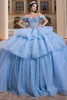 Vizcaya 4080010 Bahama blue tiered peplum quinceanera ball gown, front view