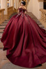 Sangria satin ball gown with chapel train, back view