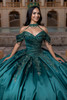 Emerald portrait neckline with beaded choker drape and lace appliqués, front detail