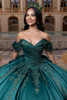 Emerald satin quinceanera ball gown with asymmetrical draped bodice, front view