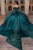 Emerald satin ball gown with detachable lace bow and chapel train, back view