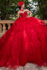 Vizcaya 4080012 red cascading ruffle quinceanera ball gown, front view