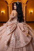 Blush glitter tulle ball gown with detachable matching bow, back view