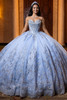 Light blue silver strapless crystal corset quinceanera ball gown, front view