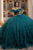Vizcaya 4080015 jade off-the-shoulder quinceanera ball gown, front view