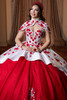 White red detachable floral capelet with plunging sweetheart neckline, front detail