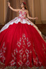 Vizcaya 4080016 white red silver floral capelet quinceanera ball gown, front view