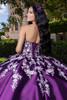 Purple lace-up corset back with embroidered floral appliqués, back view