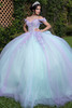 Vizcaya 4080018 lilac mint floral embroidered quinceanera ball gown, front view