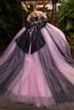 Black pink glitter tulle ball gown with detachable matching bow, back view
