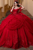 Vizcaya 4080019 scarlet draped quinceanera ball gown, front view
