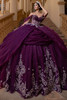 Vizcaya 4080019 eggplant silver draped quinceanera ball gown, front view