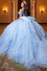Bahama blue glitter tulle ball gown with oversized detachable back bow, side back view