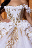 White gold sweetheart corset bodice with 3D floral appliqués, close-up