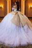 White gold glitter tulle ball gown with oversized detachable back bow, back view