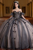 Vizcaya 4080022 nude black glitter quinceanera ball gown, front view