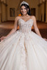 Champagne ivory sweetheart quinceanera ball gown with chandelier beading, front detail