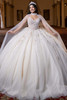 Vizcaya 4080023 champagne ivory convertible quinceanera ball gown with glitter tulle cape, front view