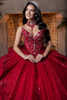 Red crystal bodice with butterfly-inspired cat eye neckline, front detail