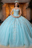 Seafoam silver strapless metallic lace quinceanera ball gown, front view