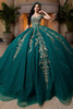 Vizcaya 4080026 jade gold metallic lace quinceanera ball gown, front view
