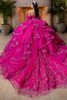 Fuchsia silver glitter tulle ball gown with detachable double-loop bow, back view