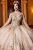 Champagne crystal corset bodice with flame-inspired cat eye neckline, front detail