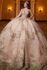 Champagne metallic lace quinceanera ball gown, front view