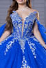 Royal blue crystal corset bodice with flame-inspired cat eye neckline, close-up