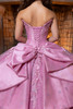 Pink lace-up corset back with pearl-trimmed satin bow, back detail