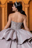 Latte silver lace-up corset back with peplum overskirt, back view