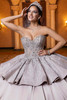 Latte silver convertible ball gown, front view without sleeves