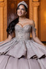 Latte silver crystal corset bodice with detachable off-the-shoulder sleeves, front detail