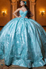 Seafoam brocade quinceanera ball gown, front three-quarter view