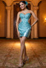 Seafoam fitted brocade mini quince dress, front view