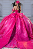 Fuchsia brocade ball gown with detachable oversized back bow, back view