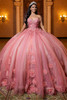 Coral nude strapless 3D floral quinceanera ball gown, front view