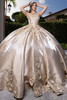 Vizcaya 4080033 champagne liquid satin quinceanera ball gown, front view