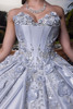 Silver crystal floral bodice with liquid satin skirt, close-up detail