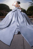Silver quinceanera gown with detachable oversized back bow, back view