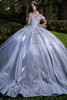 Vizcaya 4080033 silver liquid satin quinceanera ball gown, front view