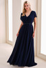 Front view of Cameron Blake CB203 navy blue chiffon mother dress with beaded waist