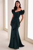 Front view of Cameron Blake CB209 spruce crepe mother dress with floral sleeves