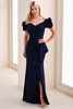 Front view of Cameron Blake CB209 navy blue crepe mother dress with skirt ruffle