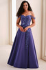 Front view of Cameron Blake CB211 delphinium crepe mother dress with lace appliqués