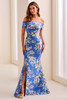Front view of Cameron Blake CB441 lapis jacquard mother dress