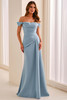 Front view of Cameron Blake CB444 powder blue stretch crepe mother dress