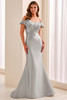 Front view of Cameron Blake CB447 silver Mikado mother dress