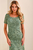 Close-up of Cameron Blake CB450 jade lace appliqué bodice